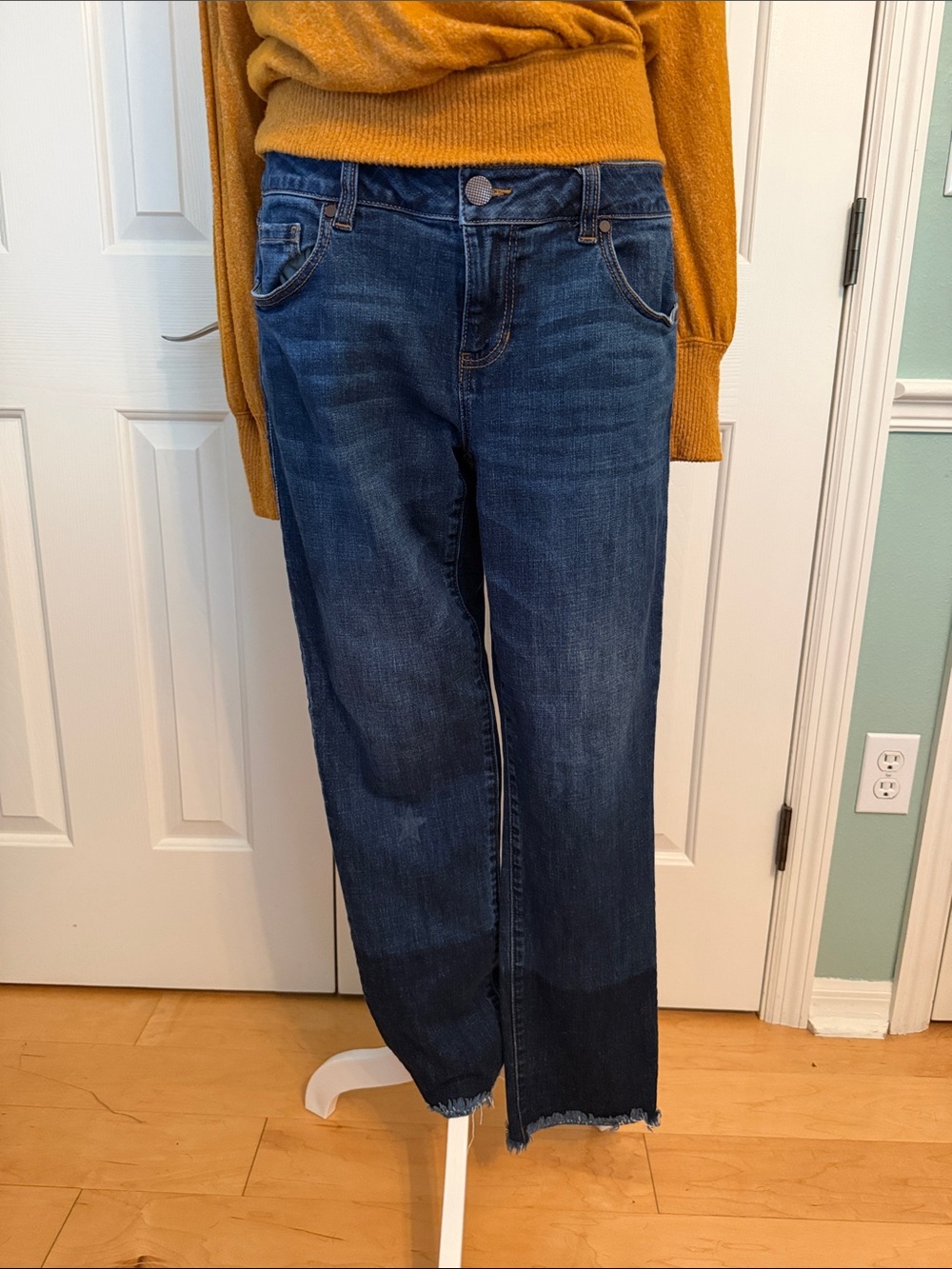 CAbi Dark Blue Slim Boyfriend Straight-Leg Crop Jeans with rough edges